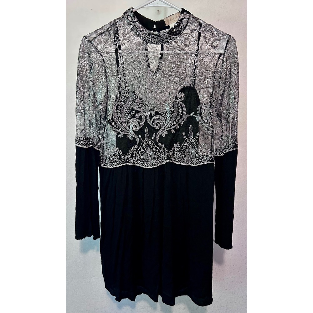 Altar'd State Silver Lace Sequin Mock Neck Mini Dress Black Long Sleeve Small